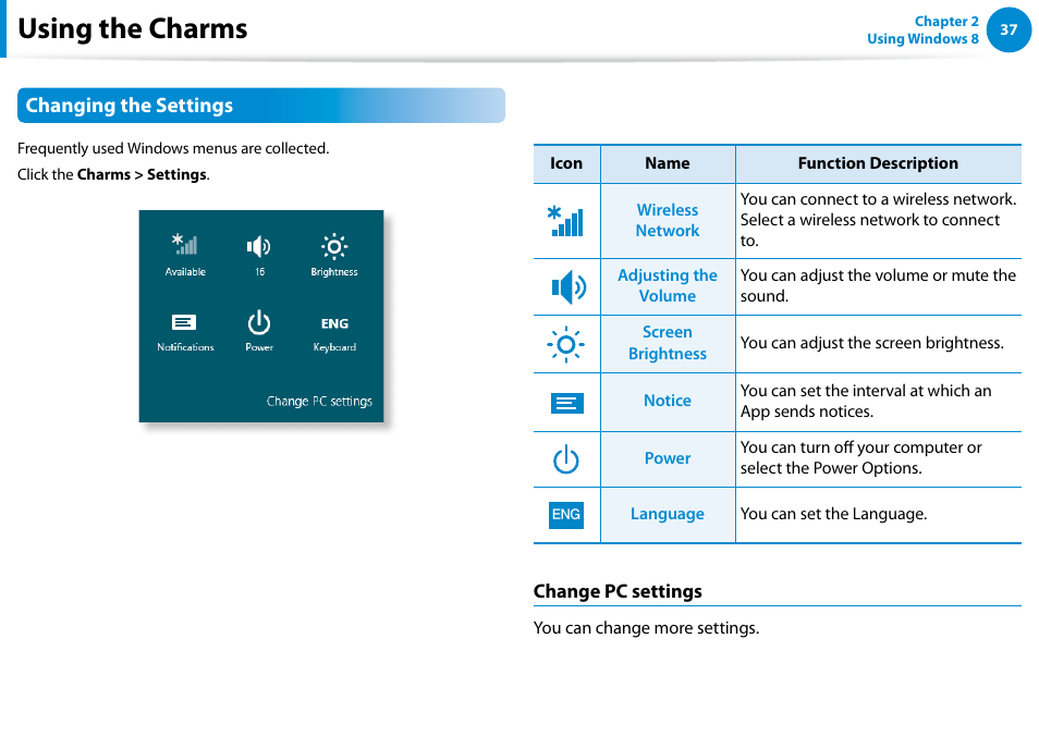 Using the charms, Changing the settings | Samsung NP900X4D-A04US User Manual | Page 38 / 138