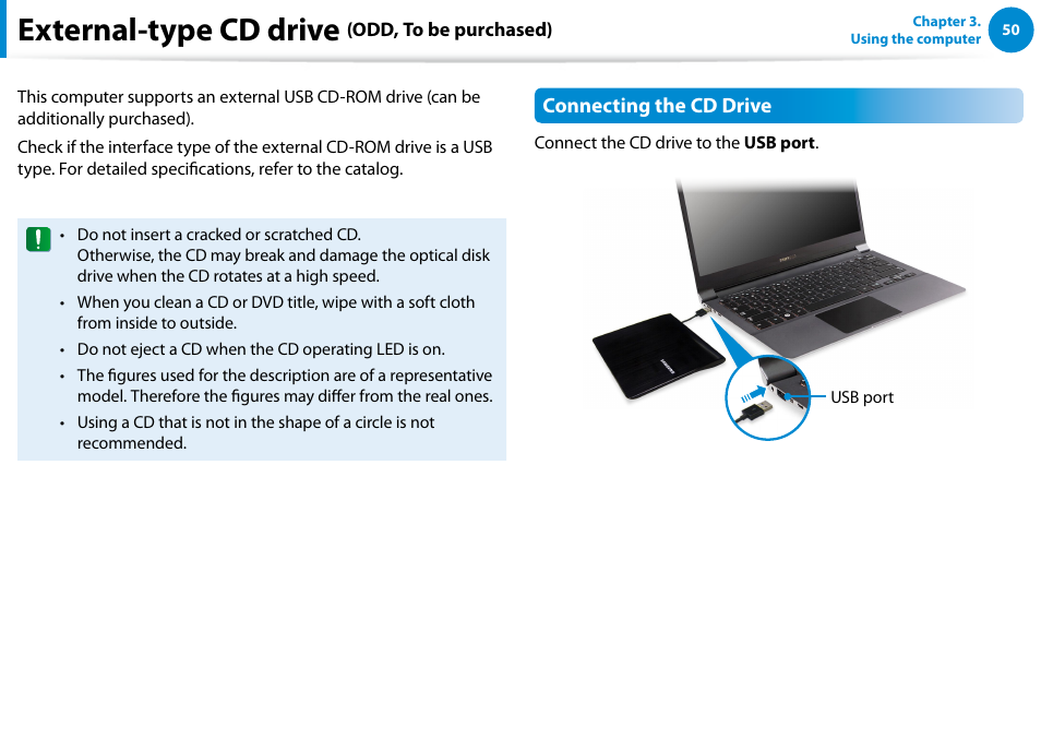 External-type cd drive (odd, to be purchased), External-type cd drive | Samsung NP900X4D-A04US User Manual | Page 51 / 138