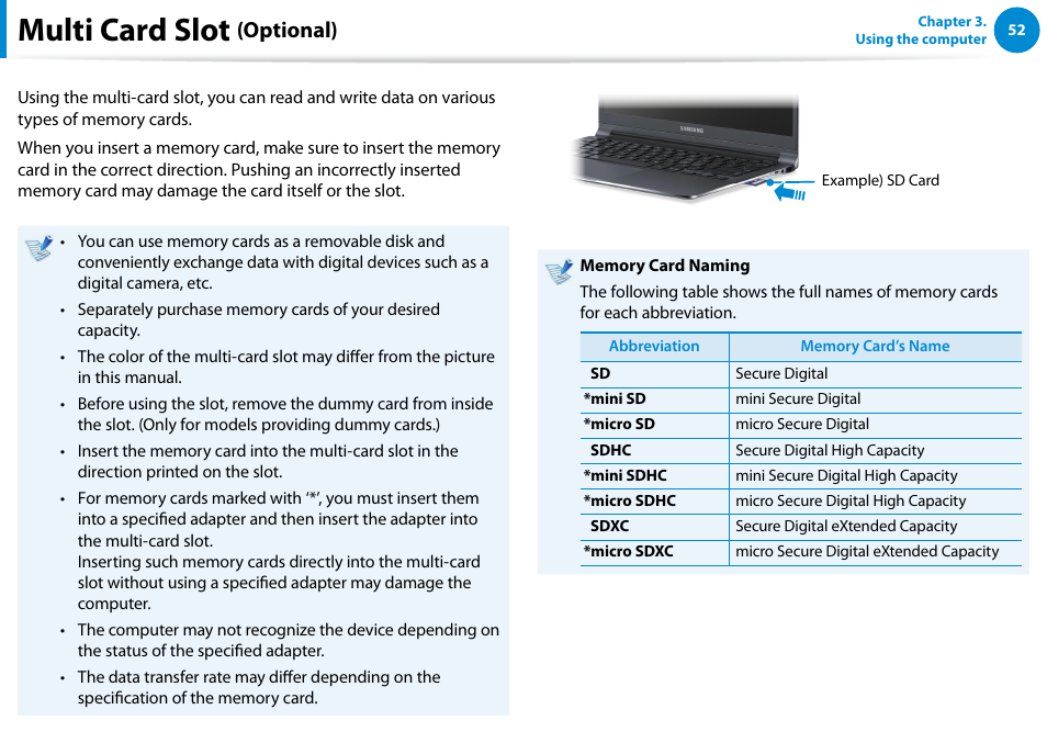 Multi card slot (optional), Multi card slot, Optional) | Samsung NP900X4D-A04US User Manual | Page 53 / 138
