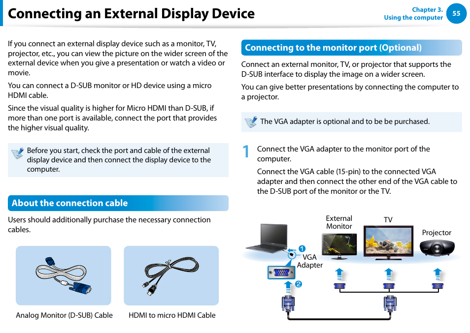 Connecting an external display device | Samsung NP900X4D-A04US User Manual | Page 56 / 138