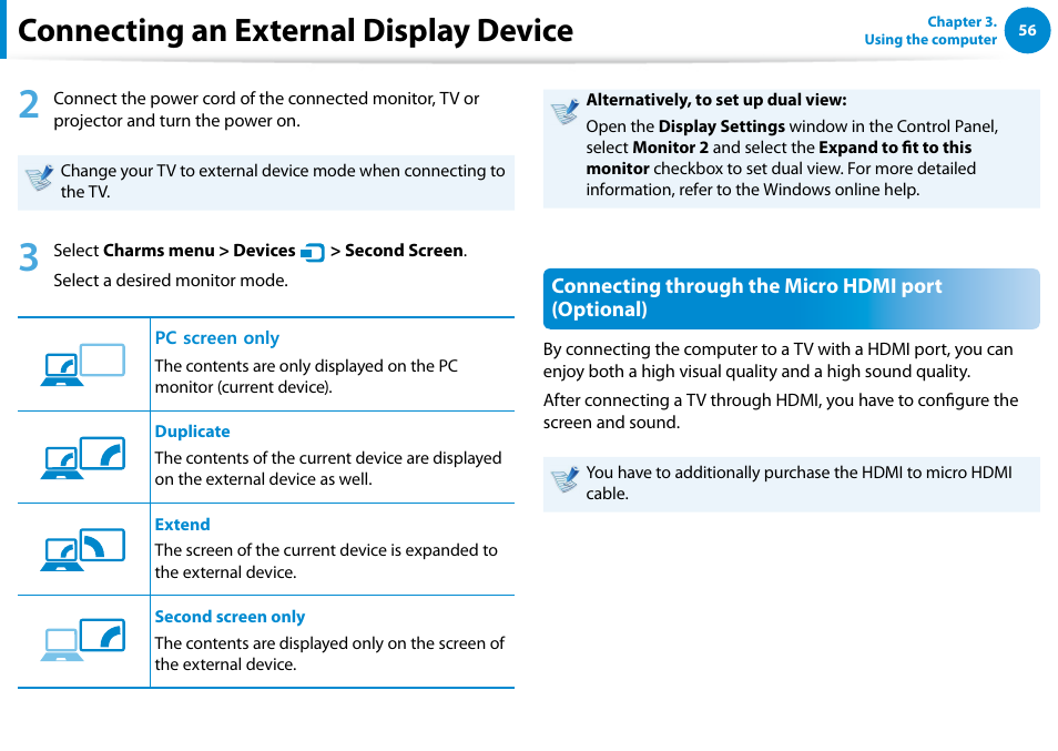 Connecting an external display device, Connecting through the micro hdmi port (optional) | Samsung NP900X4D-A04US User Manual | Page 57 / 138