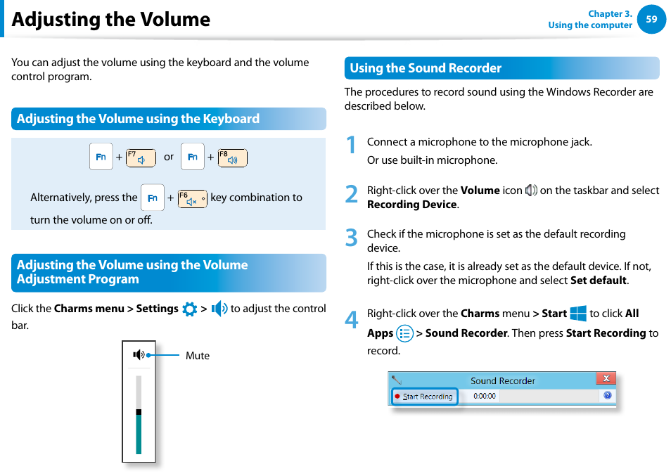 Adjusting the volume | Samsung NP900X4D-A04US User Manual | Page 60 / 138