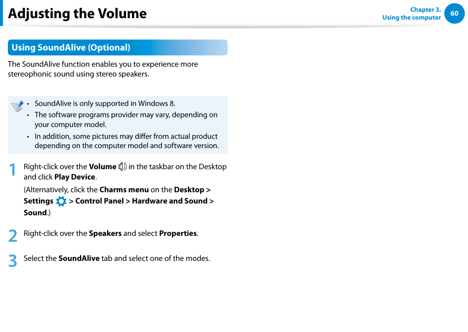 Adjusting the volume | Samsung NP900X4D-A04US User Manual | Page 61 / 138
