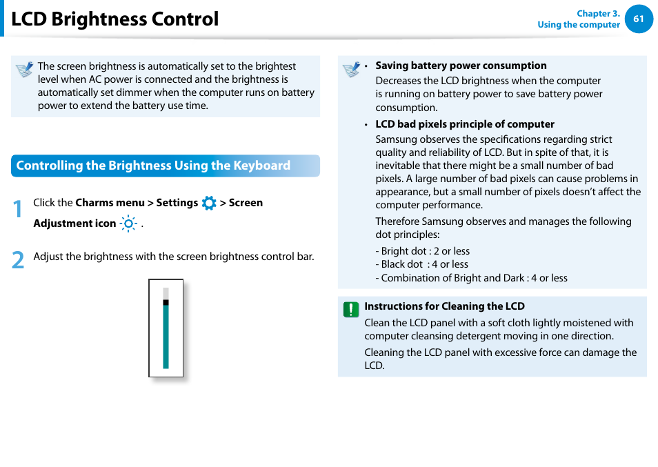 Lcd brightness control | Samsung NP900X4D-A04US User Manual | Page 62 / 138