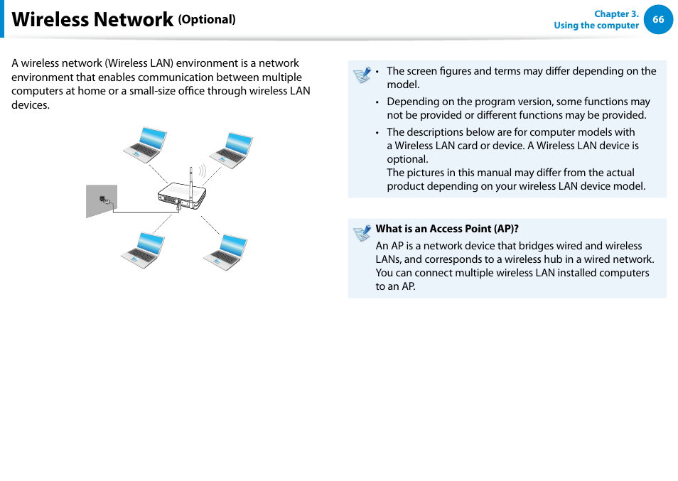 Wireless network (optional), Wireless network | Samsung NP900X4D-A04US User Manual | Page 67 / 138