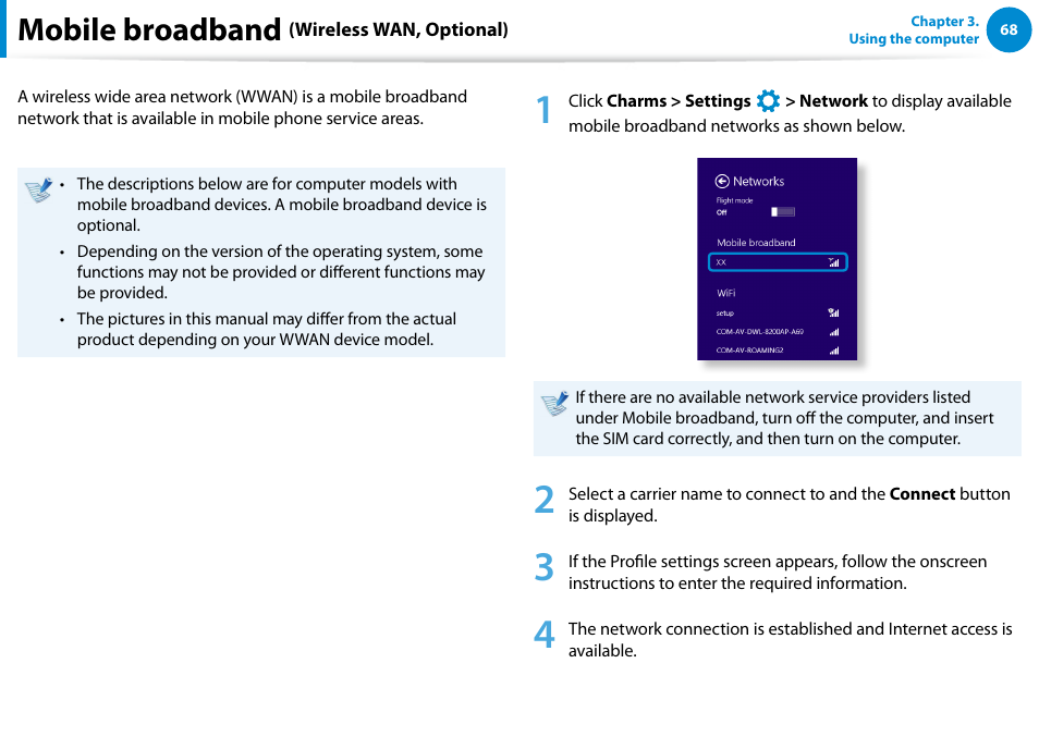 Mobile broadband (wireless wan, optional), Mobile broadband | Samsung NP900X4D-A04US User Manual | Page 69 / 138