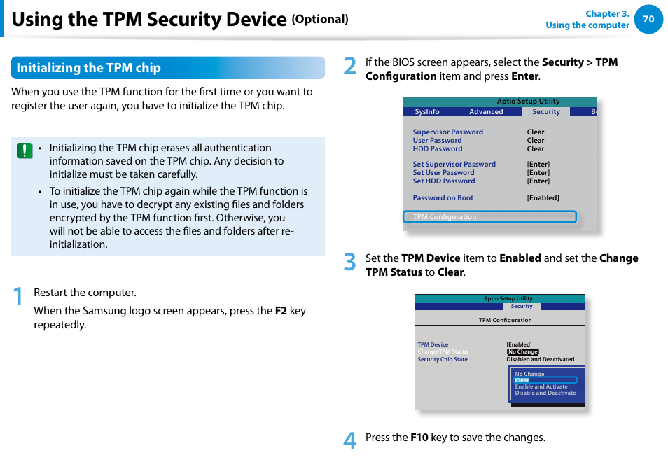 Using the tpm security device, Initializing the tpm chip, Optional) | Samsung NP900X4D-A04US User Manual | Page 71 / 138