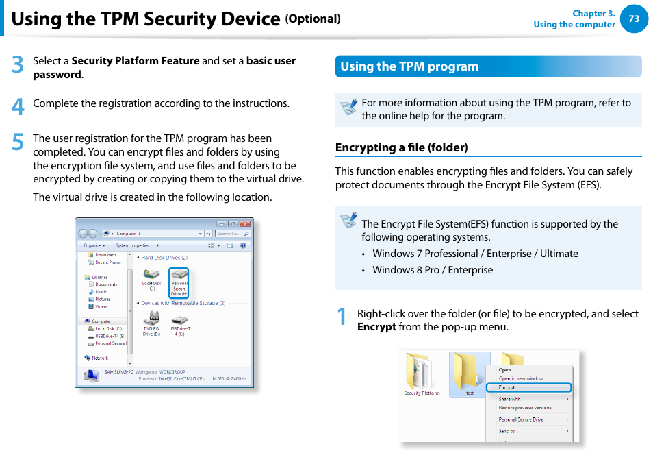 Using the tpm security device | Samsung NP900X4D-A04US User Manual | Page 74 / 138