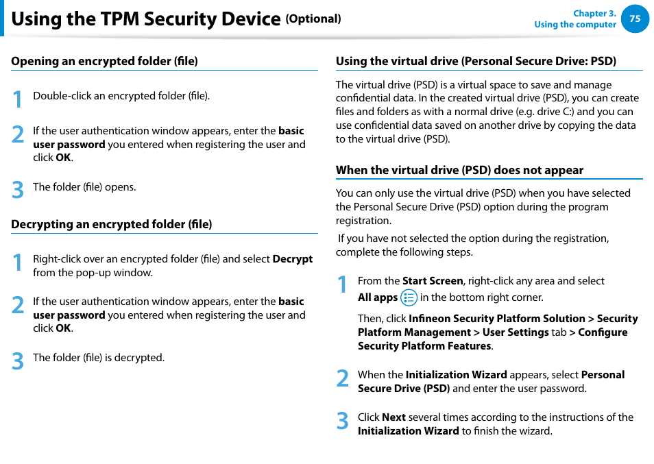 Using the tpm security device | Samsung NP900X4D-A04US User Manual | Page 76 / 138