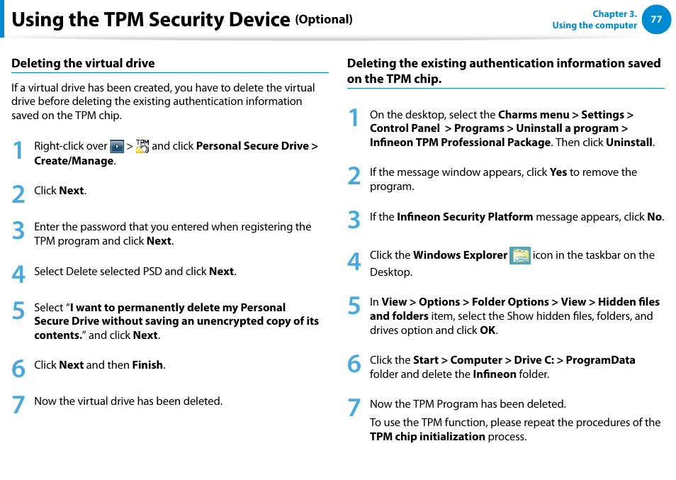 Using the tpm security device | Samsung NP900X4D-A04US User Manual | Page 78 / 138