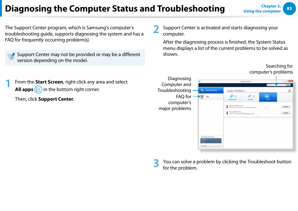 Diagnosing the computer status and troubleshooting, Diagnosing the computer status, And troubleshooting | Samsung NP900X4D-A04US User Manual | Page 84 / 138