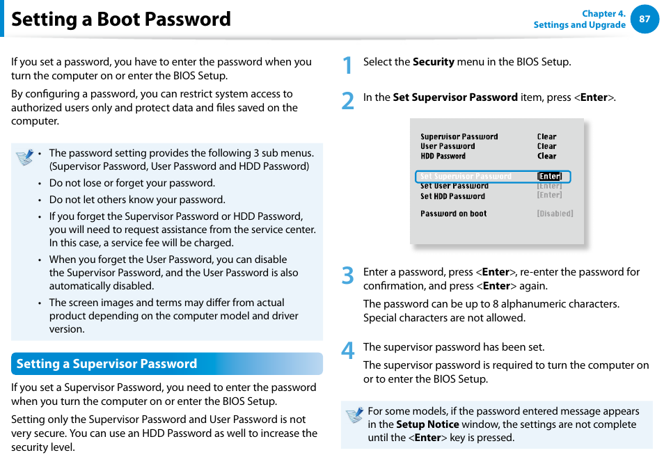 Setting a boot password | Samsung NP900X4D-A04US User Manual | Page 88 / 138