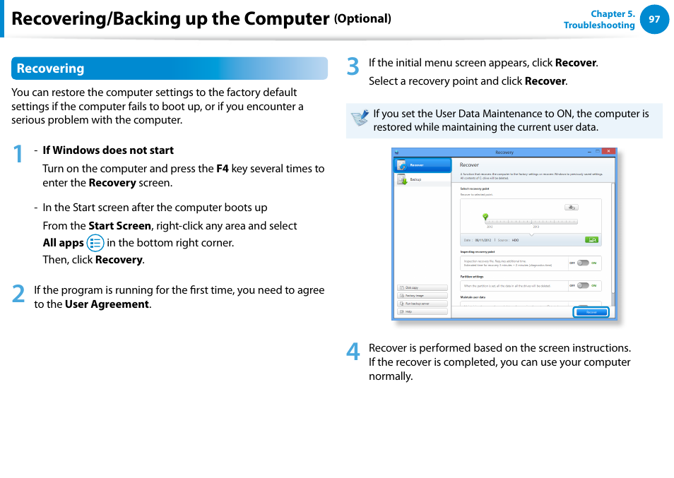 Recovering/backing up the computer | Samsung NP900X4D-A04US User Manual | Page 98 / 138