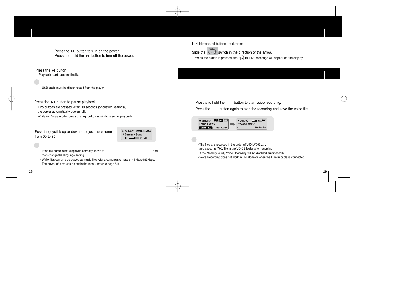 Basic usage, Playing music and turning off the device, Hold function | Recording voice | Samsung YP-T6X-XAP User Manual | Page 15 / 29