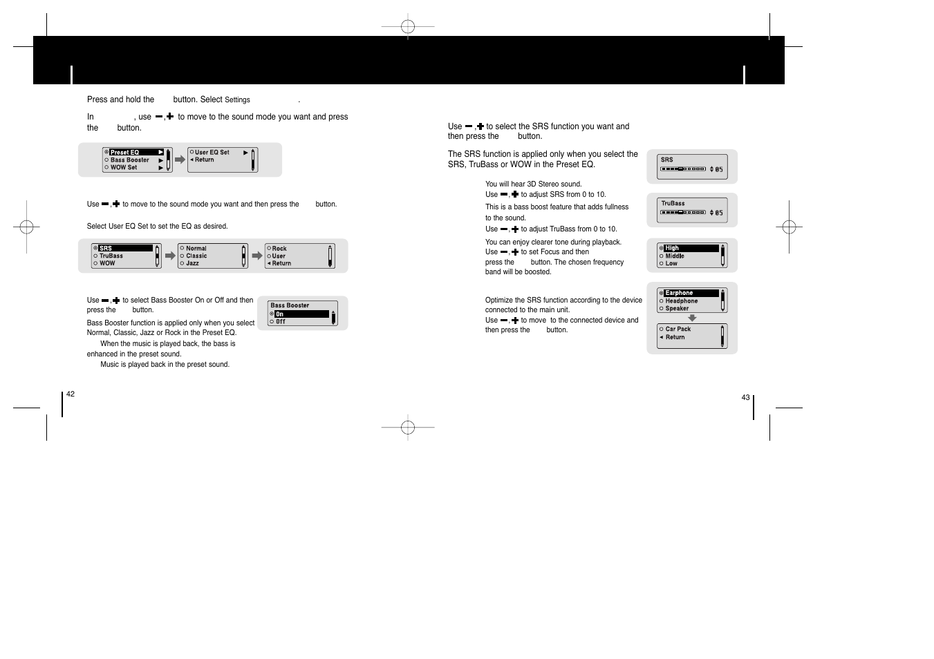 Setting the eq mode, Ipreset eq i wow set, Ibass booster | Samsung YP-T6X-XAP User Manual | Page 22 / 29