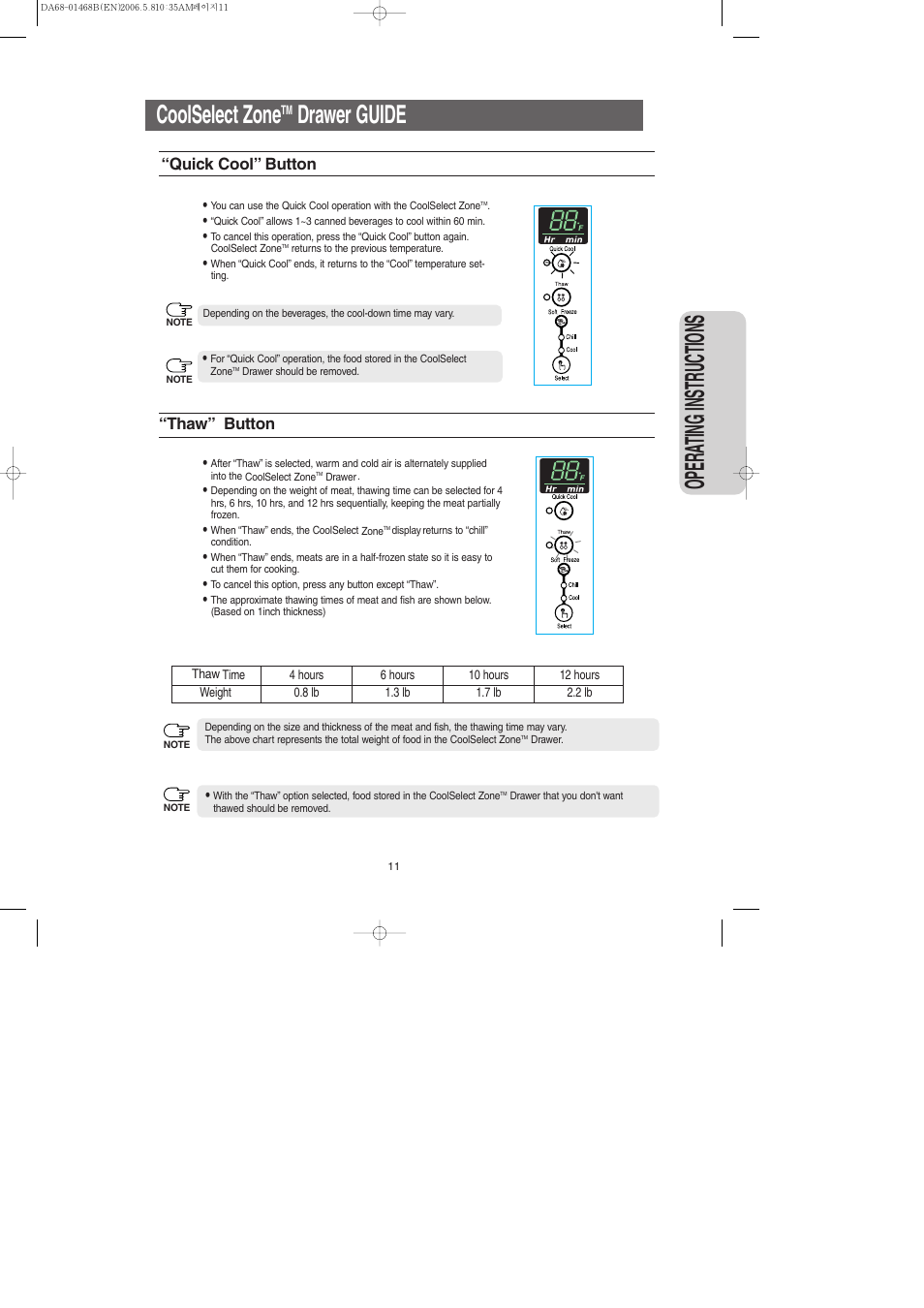 Coolselect zonetm drawer guide, Opera ting instr uctions, Coolselect zone | Drawer guide | Samsung RS257BARB-XAC User Manual | Page 11 / 32