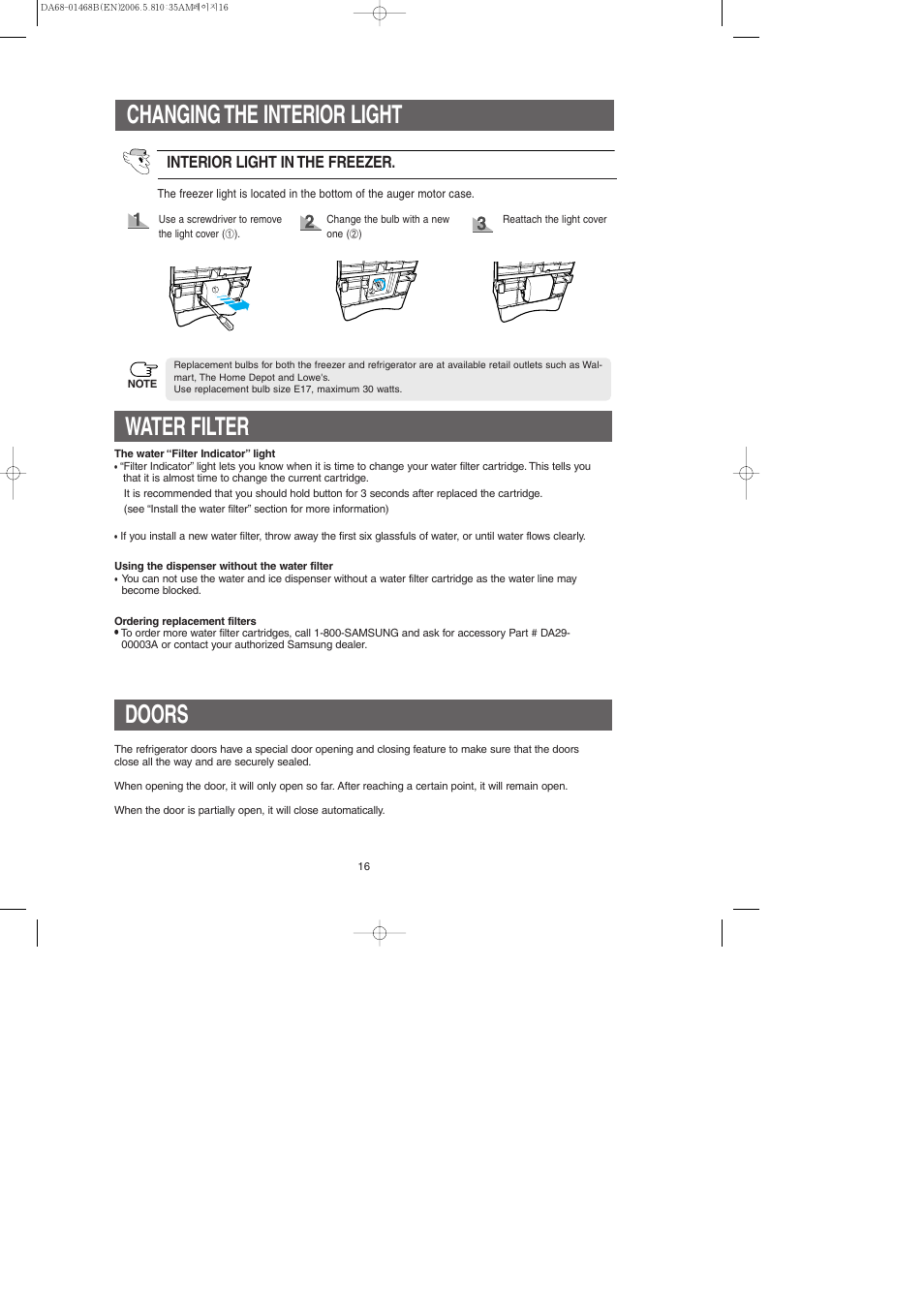 Water filter, Doors, Changing the interior light | Samsung RS257BARB-XAC User Manual | Page 16 / 32