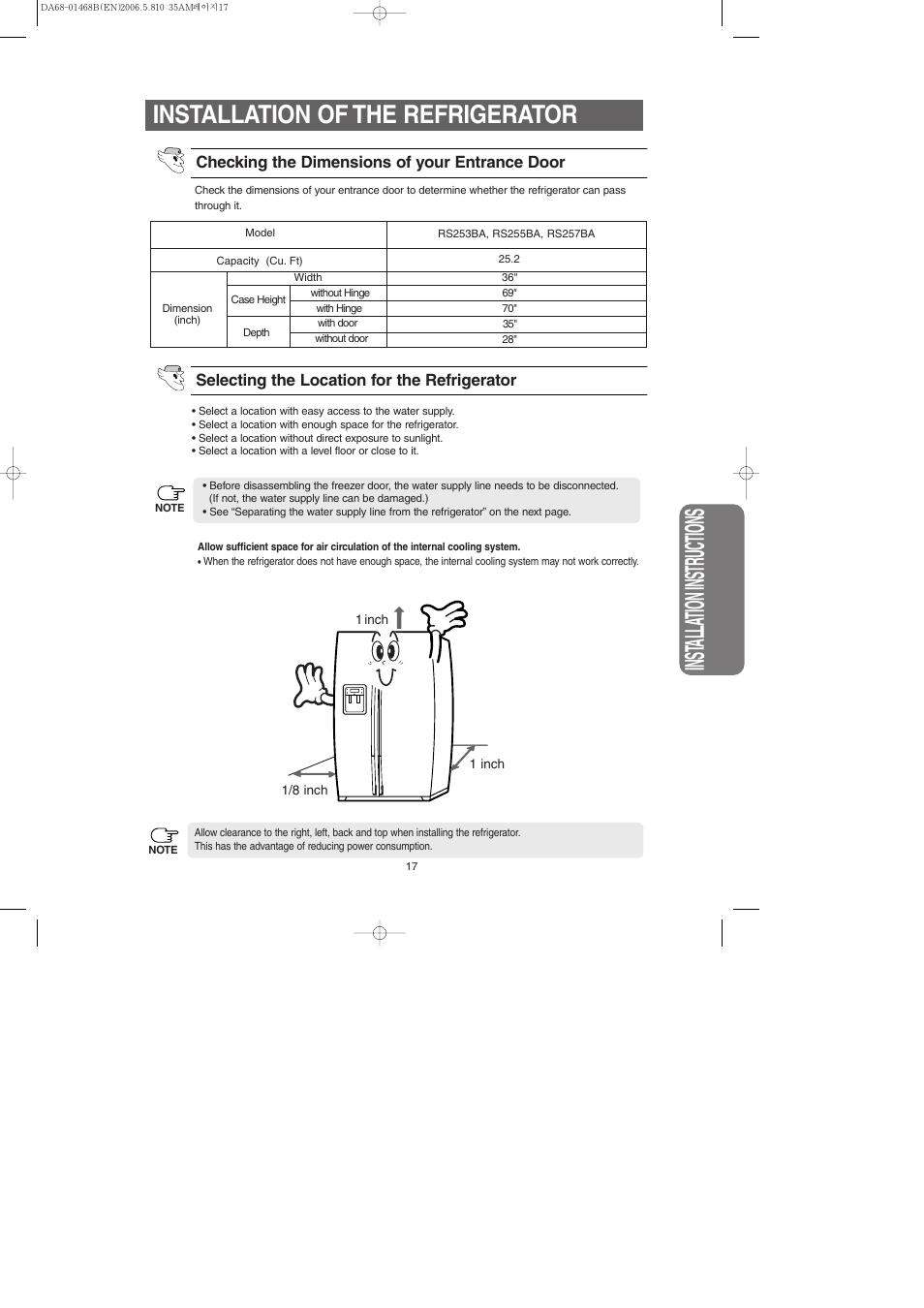 Installation of the refrigerator, Inst alla tion instr uctions | Samsung RS257BARB-XAC User Manual | Page 17 / 32