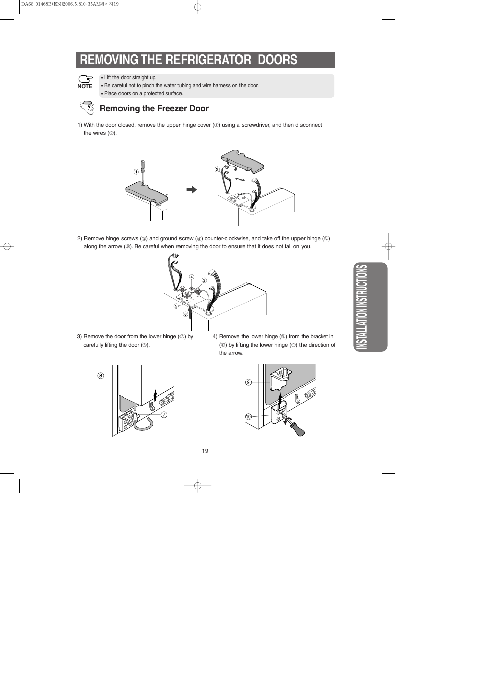 Inst alla tion instr uctions, Removing the refrigerator doors | Samsung RS257BARB-XAC User Manual | Page 19 / 32