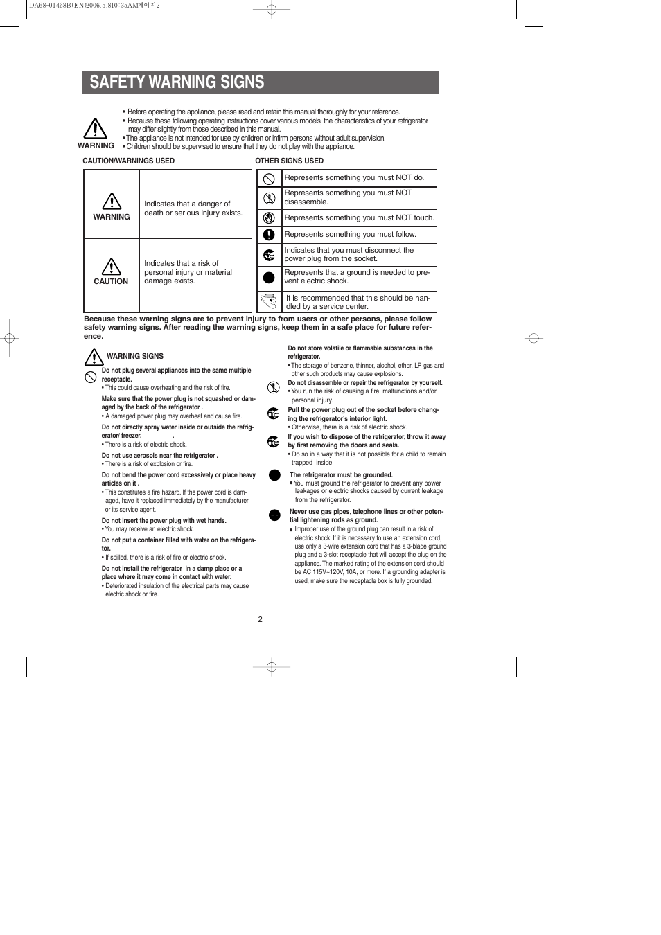 Safety warning signs | Samsung RS257BARB-XAC User Manual | Page 2 / 32