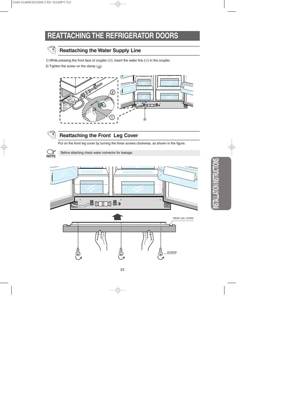 Inst alla tion instr uctions, Reattaching the refrigerator doors | Samsung RS257BARB-XAC User Manual | Page 23 / 32