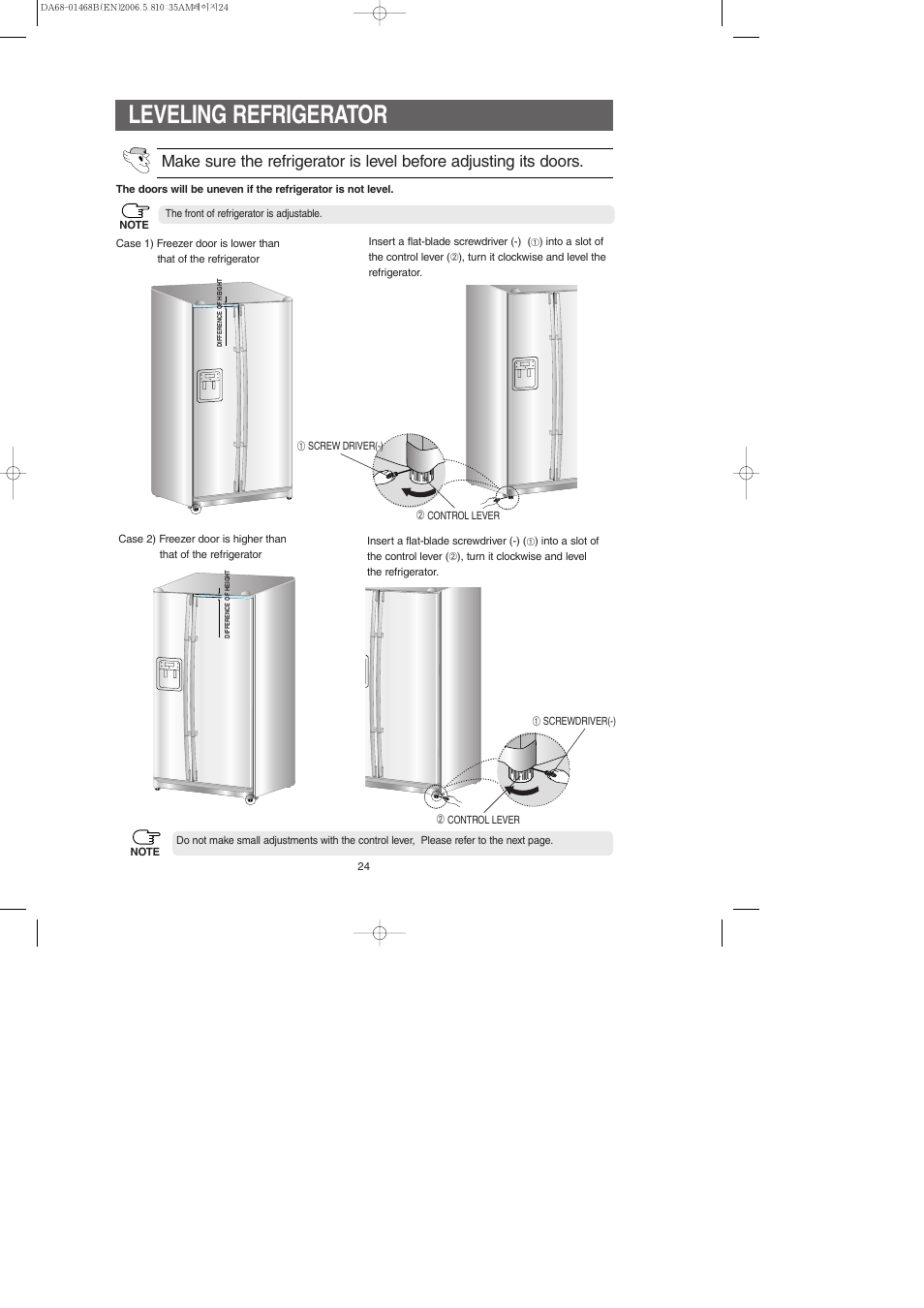 Leveling refrigerator | Samsung RS257BARB-XAC User Manual | Page 24 / 32