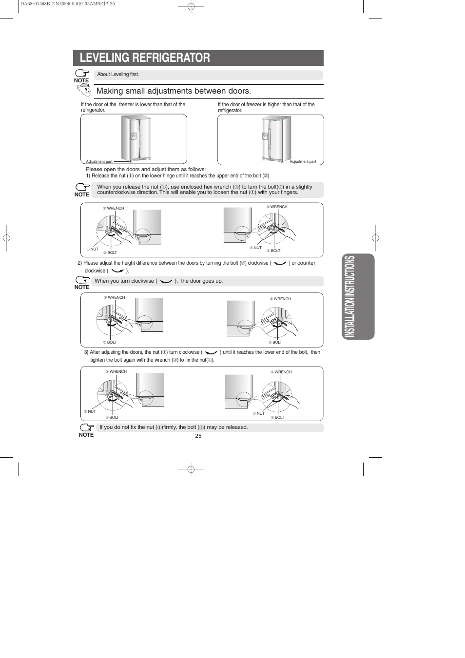 Inst alla tion instr uctions, Leveling refrigerator, Making small adjustments between doors | Samsung RS257BARB-XAC User Manual | Page 25 / 32