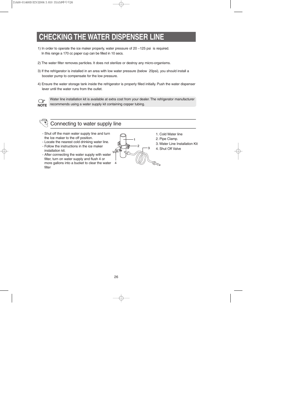 Checking the water dispenser line, Connecting to water supply line | Samsung RS257BARB-XAC User Manual | Page 26 / 32