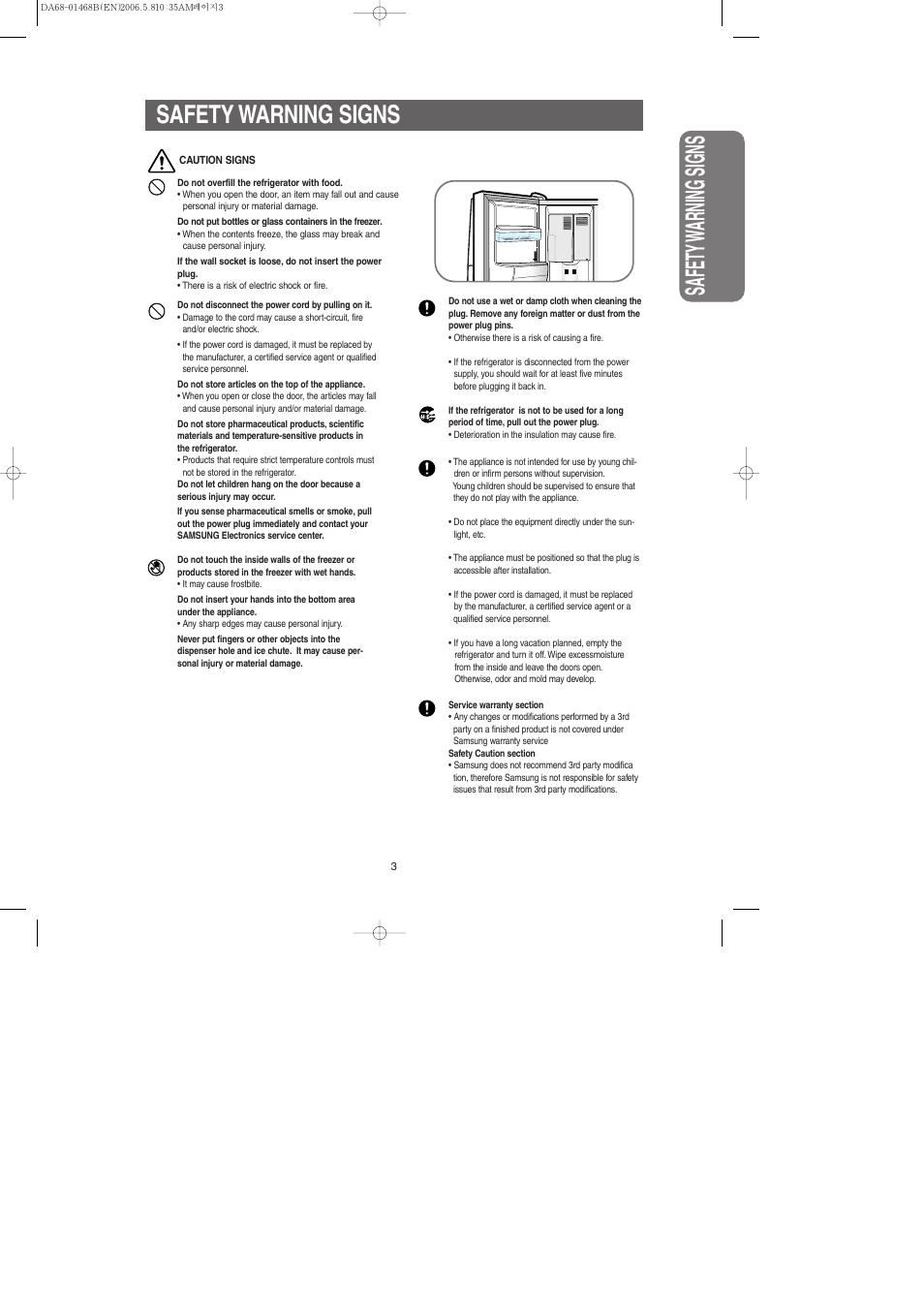 Safety w arning signs, Safety warning signs | Samsung RS257BARB-XAC User Manual | Page 3 / 32