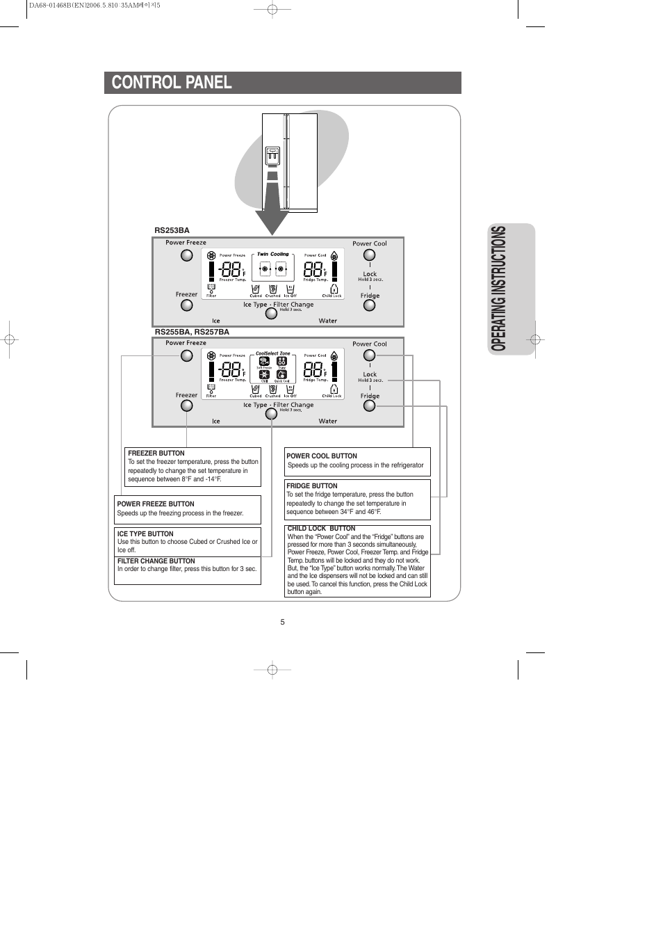 Control panel, Opera ting instr uctions | Samsung RS257BARB-XAC User Manual | Page 5 / 32