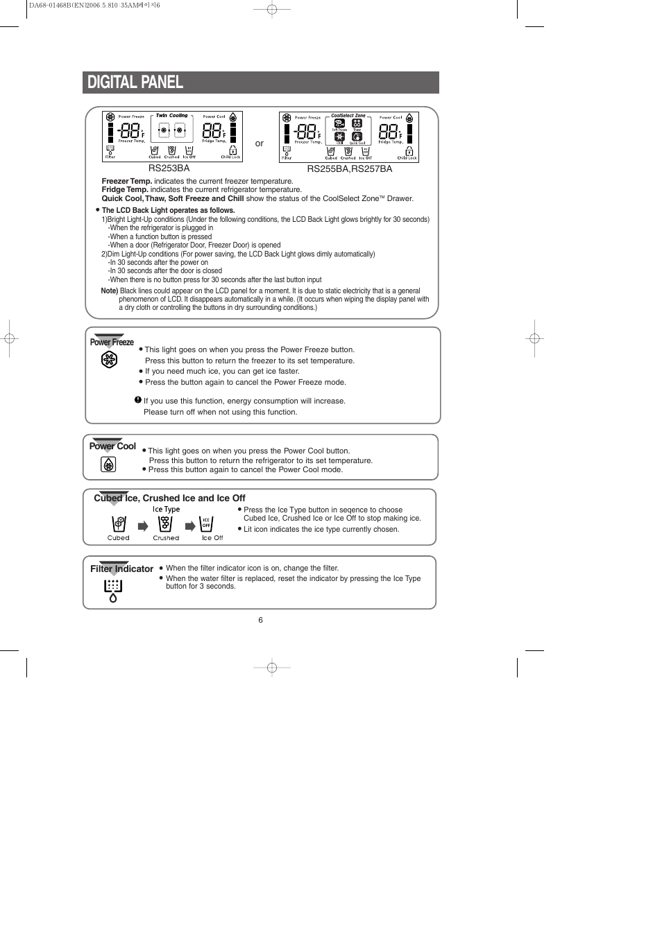 Digital panel | Samsung RS257BARB-XAC User Manual | Page 6 / 32