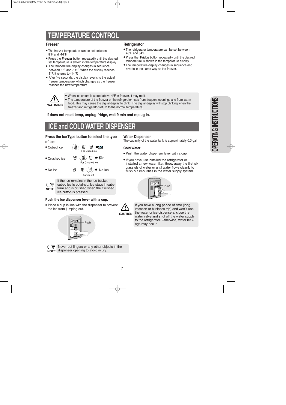 Temperature control, Ice and cold water dispenser, Opera ting instr uctions | Samsung RS257BARB-XAC User Manual | Page 7 / 32