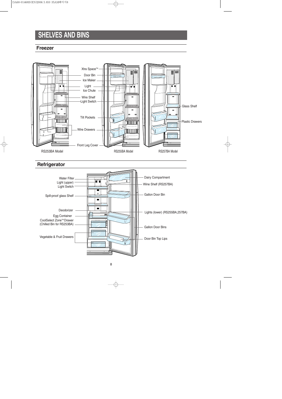 Shelves and bins, Freezer, Refrigerator | Samsung RS257BARB-XAC User Manual | Page 8 / 32