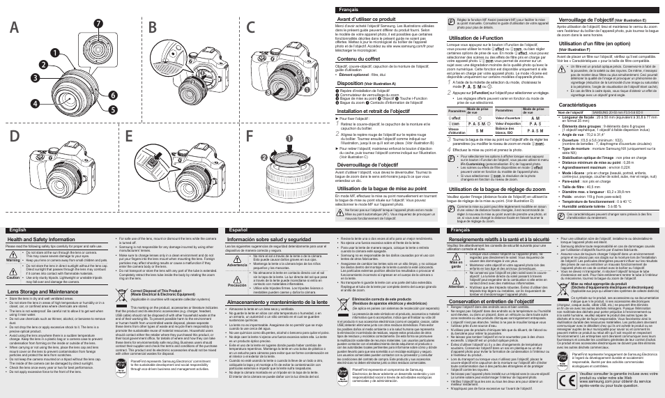 Avant d’utiliser ce produit, Contenu du coffret, Disposition | Installation et retrait de l’objectif, Déverrouillage de l’objectif, Utilisation de la bague de mise au point, Utilisation de i-function, Utilisation de la bague de réglage du zoom, Health and safety information, Lens storage and maintenance | Samsung EX-S2050BNW-US User Manual | Page 2 / 2