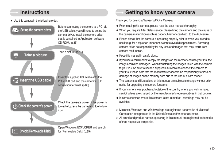 Instructions getting to know your camera | Samsung S750 User Manual | Page 2 / 98