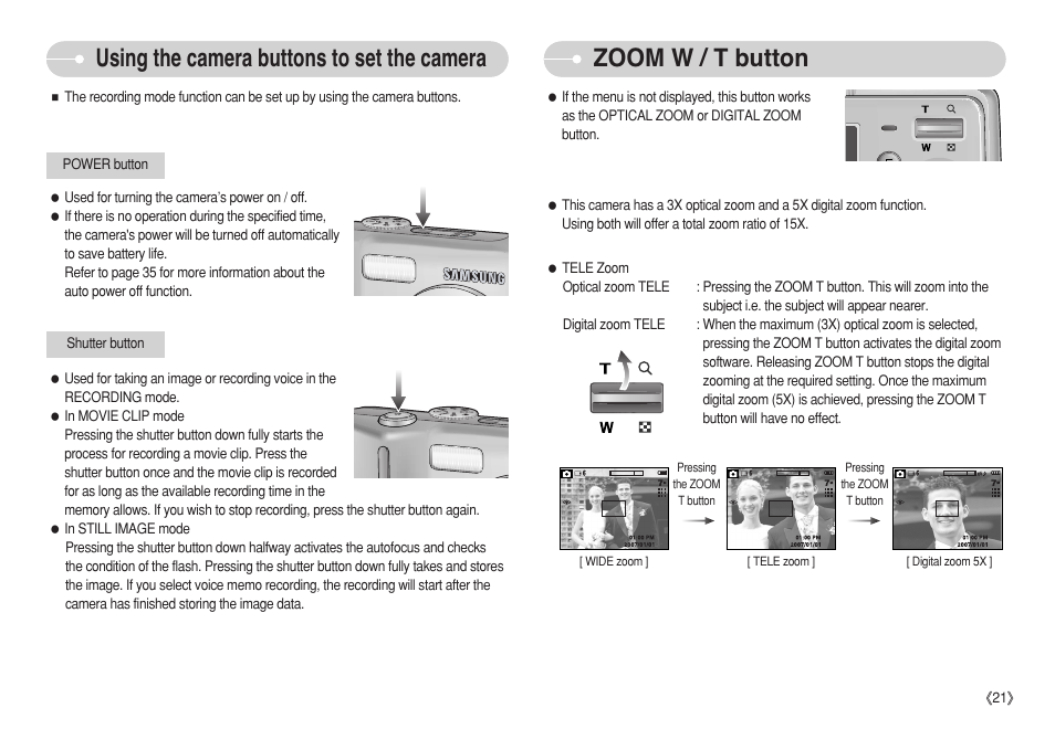 Zoom w / t button, Using the camera buttons to set the camera | Samsung S750 User Manual | Page 22 / 98