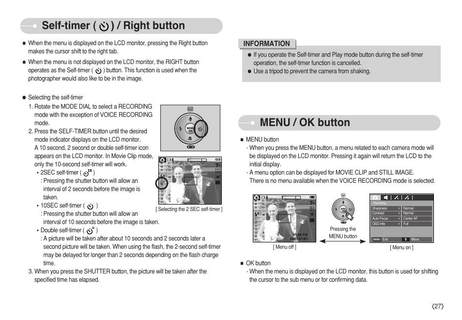 Menu / ok button, Self-timer ( ) / right button | Samsung S750 User Manual | Page 28 / 98