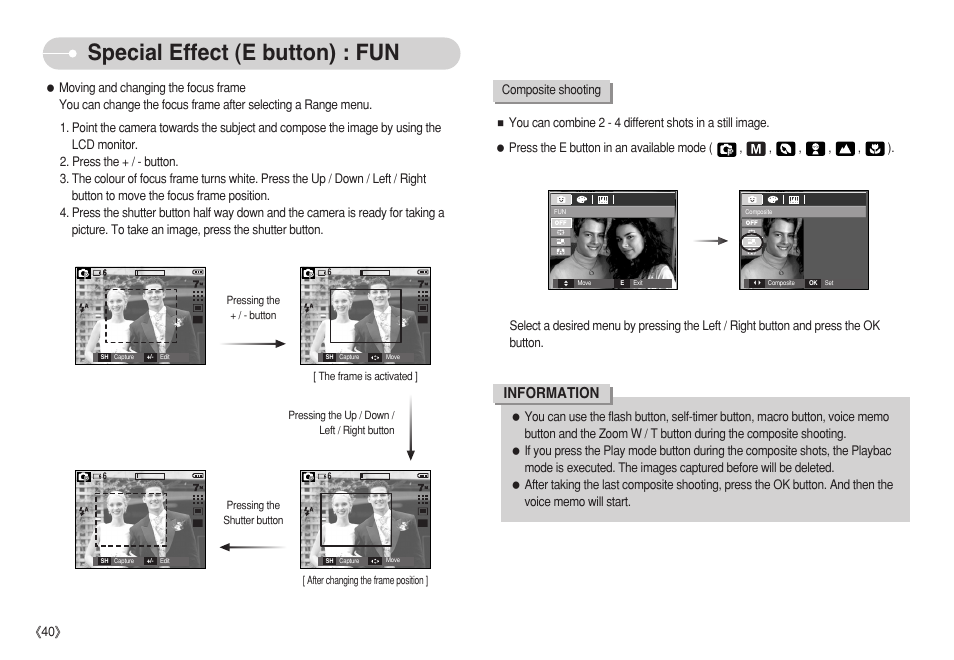 Special effect (e button) : fun, Information | Samsung S750 User Manual | Page 41 / 98