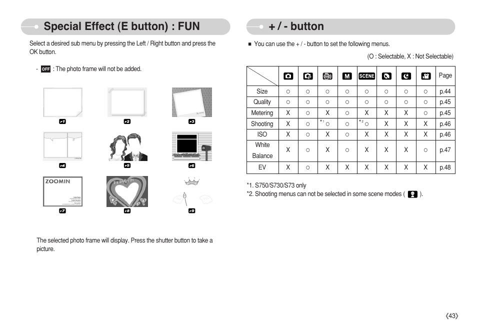 Special effect : fun, Special effect (e button) : fun + / - button | Samsung S750 User Manual | Page 44 / 98