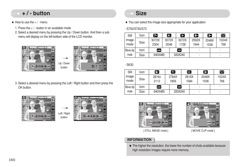 Size, Button | Samsung S750 User Manual | Page 45 / 98