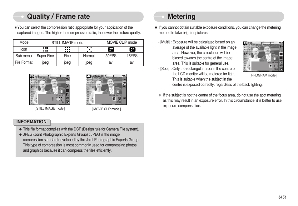 Quality / frame rate, Metering | Samsung S750 User Manual | Page 46 / 98