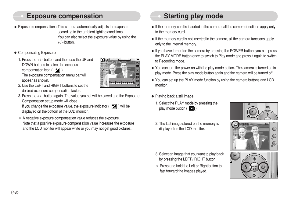 Exposure compensation, Starting play mode | Samsung S750 User Manual | Page 49 / 98