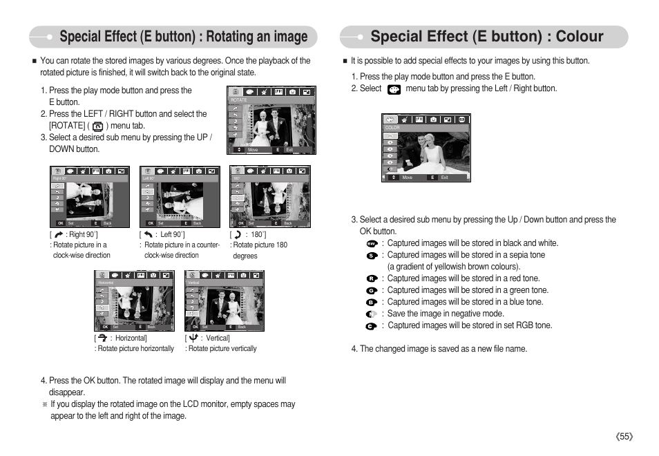 Special effect (e button) : rotating an image, Special effect (e button) : colour, Ś55ś | Samsung S750 User Manual | Page 56 / 98