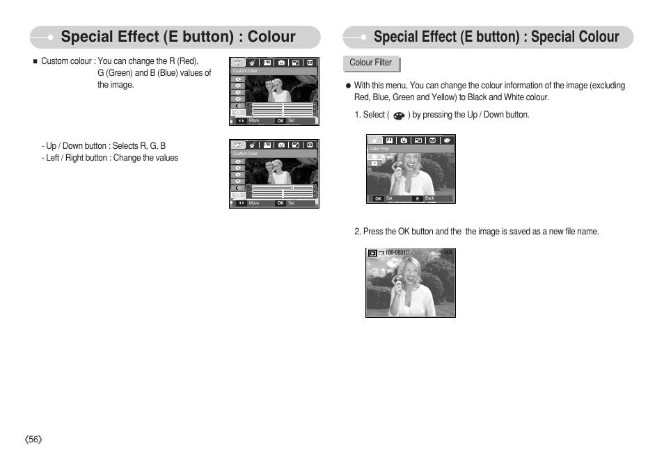 Special effect (e button) : special colour, Special effect (e button) : colour | Samsung S750 User Manual | Page 57 / 98