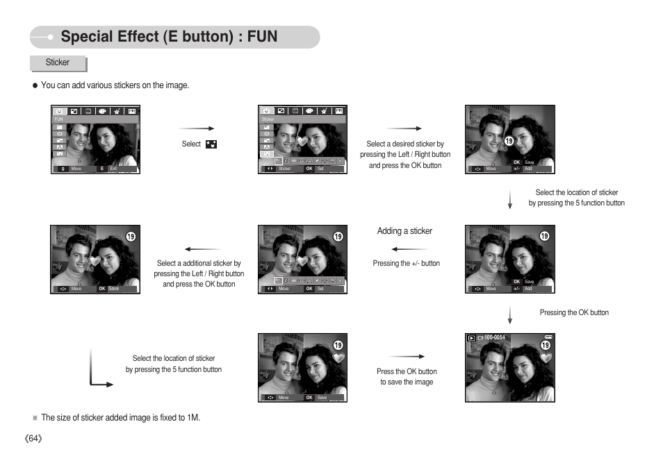 Special effect (e button) : fun, Ś64ś, Adding a sticker | Ż the size of sticker added image is fixed to 1m | Samsung S750 User Manual | Page 65 / 98