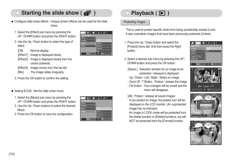 Starting the slide show ( ), Playback ( ) | Samsung S750 User Manual | Page 71 / 98