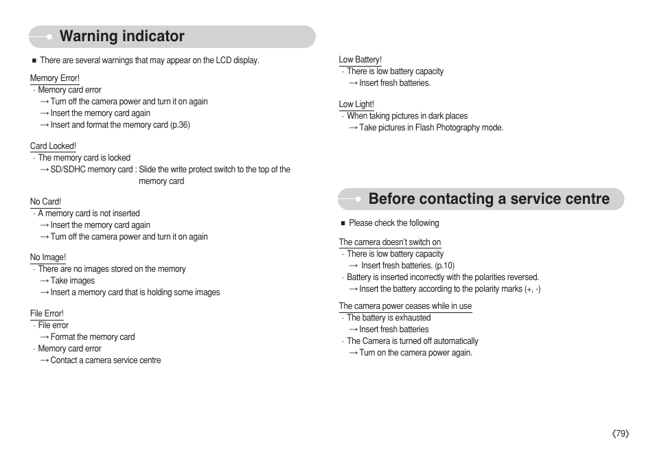 Before contacting a service centre, Warning indicator | Samsung S750 User Manual | Page 80 / 98