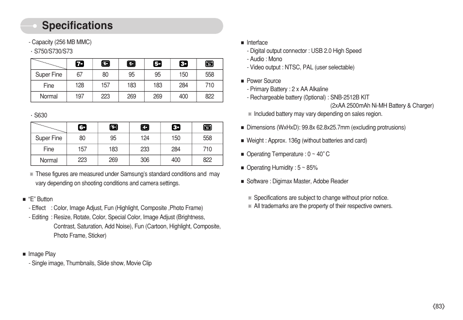 Specifications | Samsung S750 User Manual | Page 84 / 98