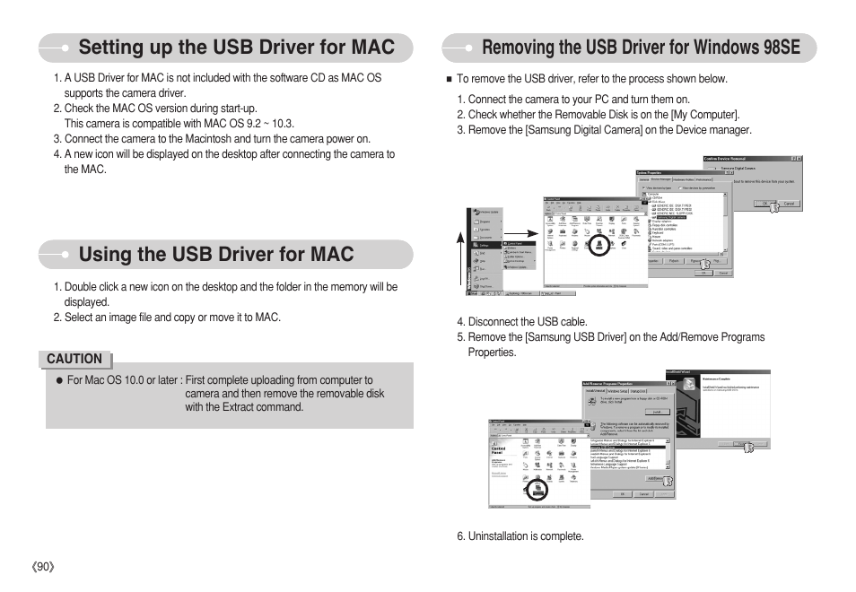 Using the usb driver for mac, Removing the usb driver for windows 98se, Setting up the usb driver for mac | Samsung S750 User Manual | Page 91 / 98