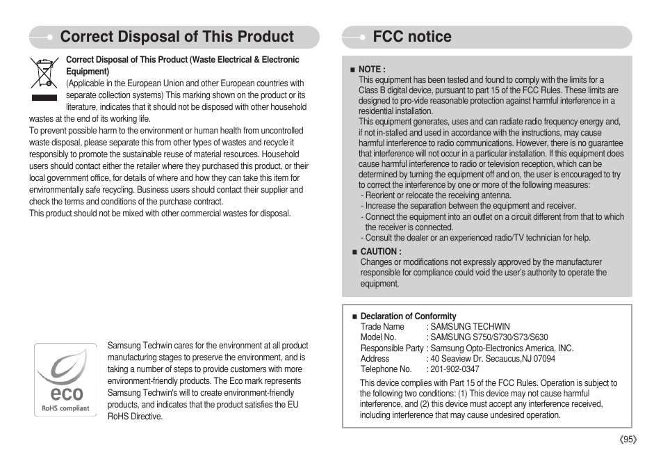 Fcc notice, Correct disposal of this product | Samsung S750 User Manual | Page 96 / 98